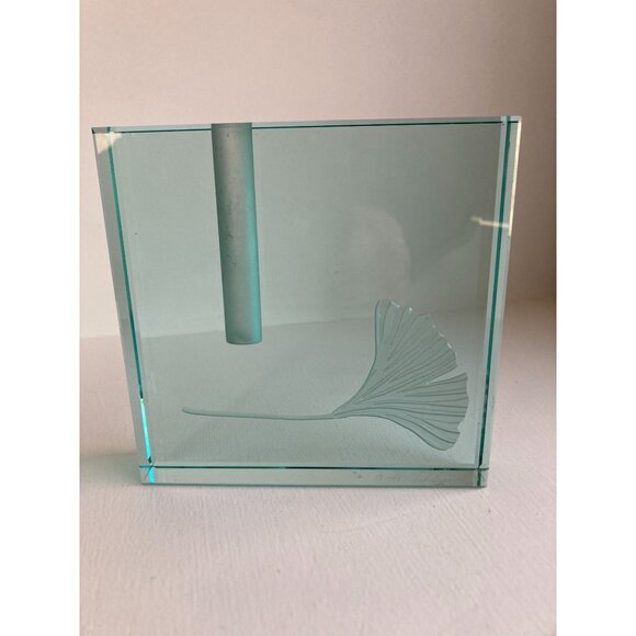 Stephen Schlanser Crystal Glass Etched Ginkgo Leaf 5” Ikebana Vase Signed 1999 - Picture 10 of 14